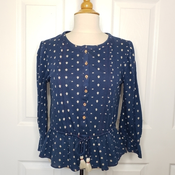 Lucky Brand Hoho Tie Waist Tassel Top Peblum Pintuck Prairie Southwest Print XS - Picture 2 of 15